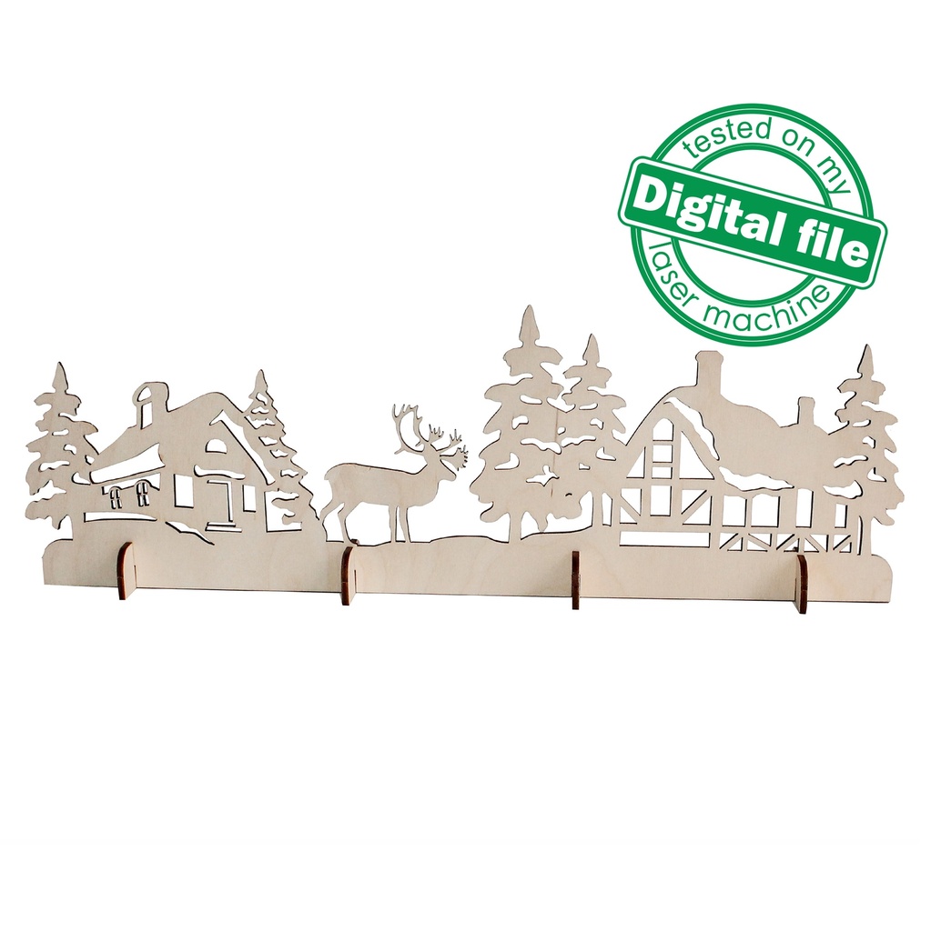 DXF, SVG files for laser Christmas village scene, Reindeer, Winter Forest, Rustic Wood, Glowforge, Material thickness 3.2 / 6.4 mm