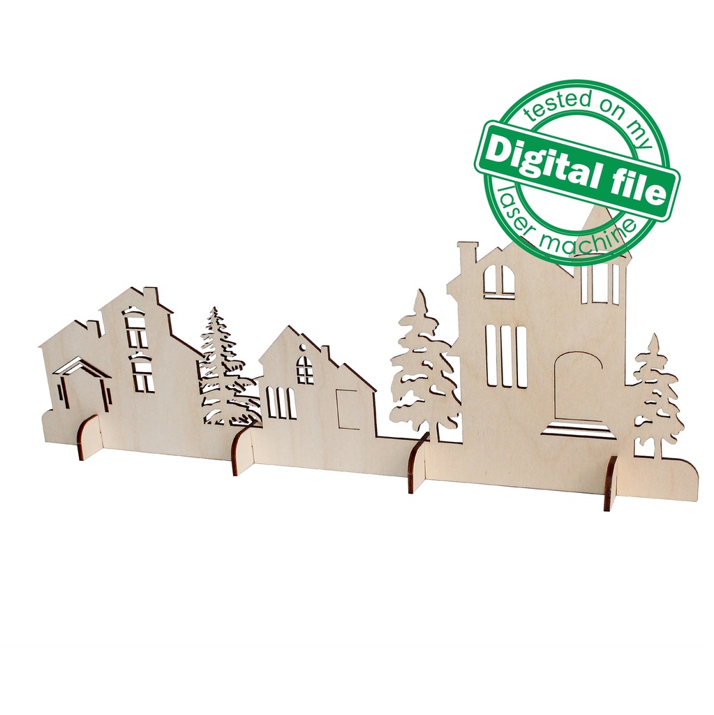 DXF, SVG files for laser Christmas Old Custle, Winter Forest, Rustic Wood, Glowforge, Material thickness 3.2 / 6.4 mm