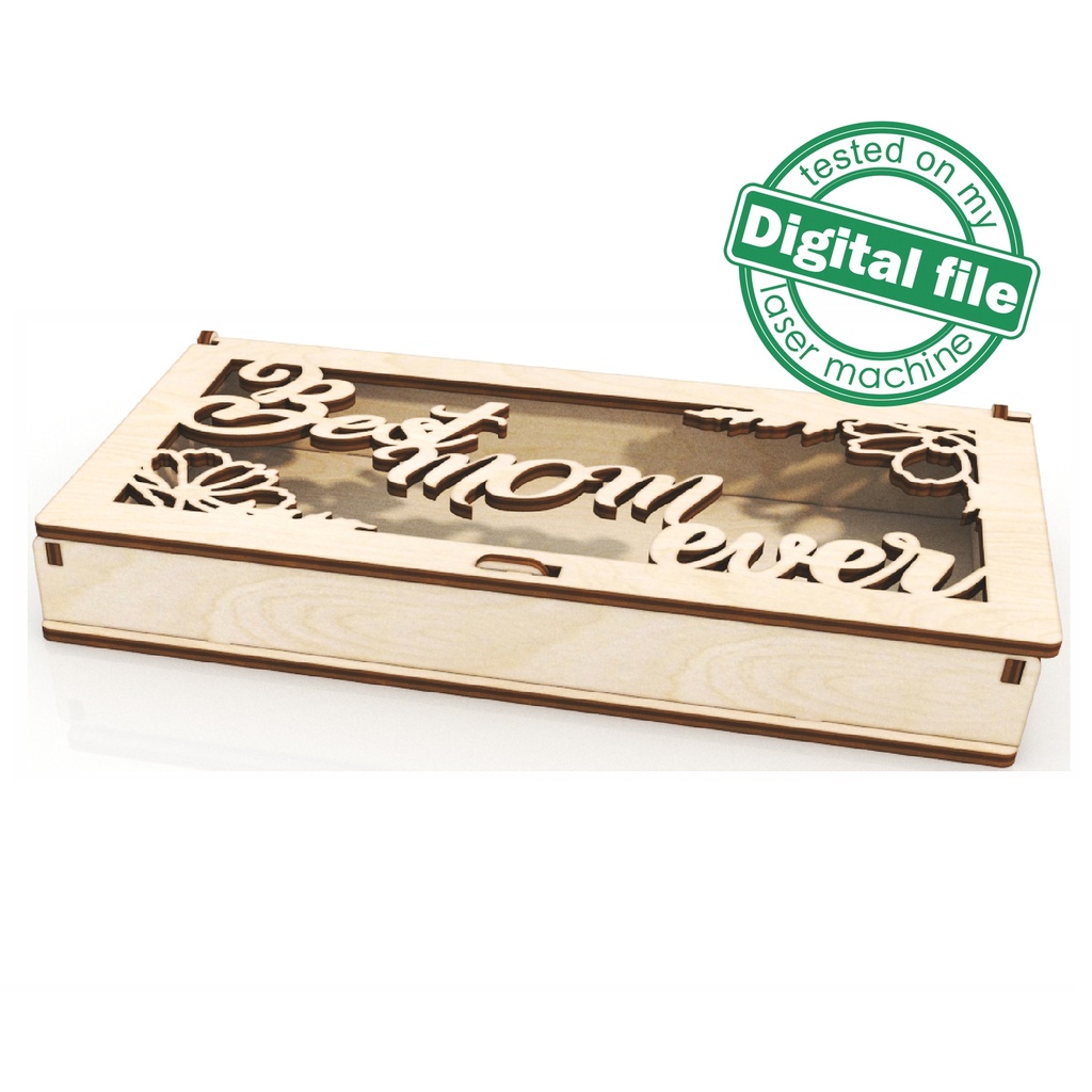 DXF, SVG files for laser Wooden box carved cover with flowers, Best mom ever, Glowforge, Material thickness 1/8 inch (3.2 mm)