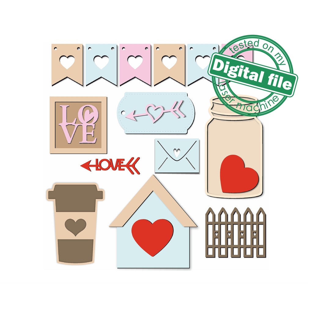 SVG, DXF, PDF Laser cut files Love tiered tray decor, Mega Bundle Sign Pack, Diy paint kit, Basket tags, Material thickness 3.2 mm