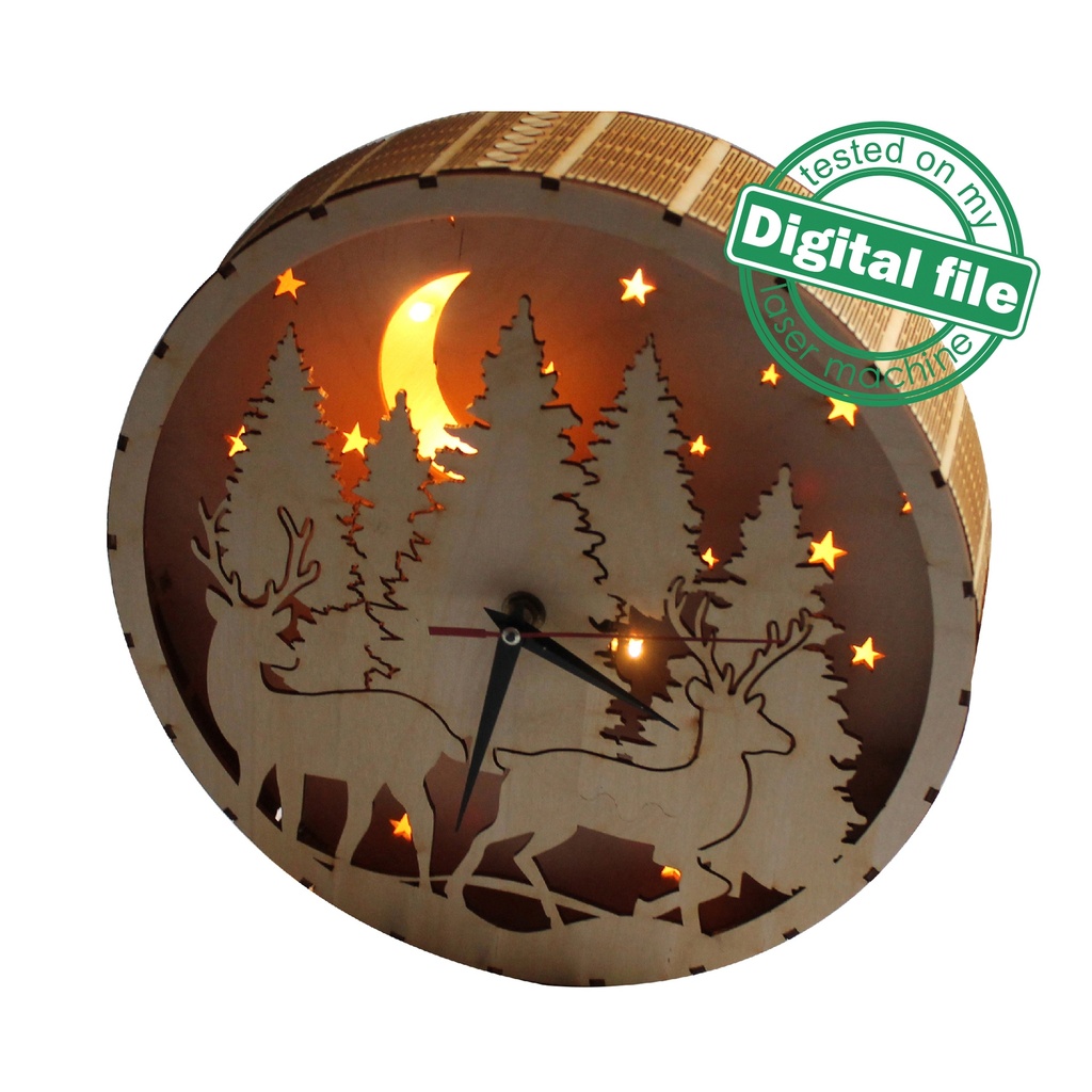 DXF, SVG files for laser Light box Unique clock, Deers in winter forest, Glowforge, Material thickness 1/8 inch (3.2 mm)