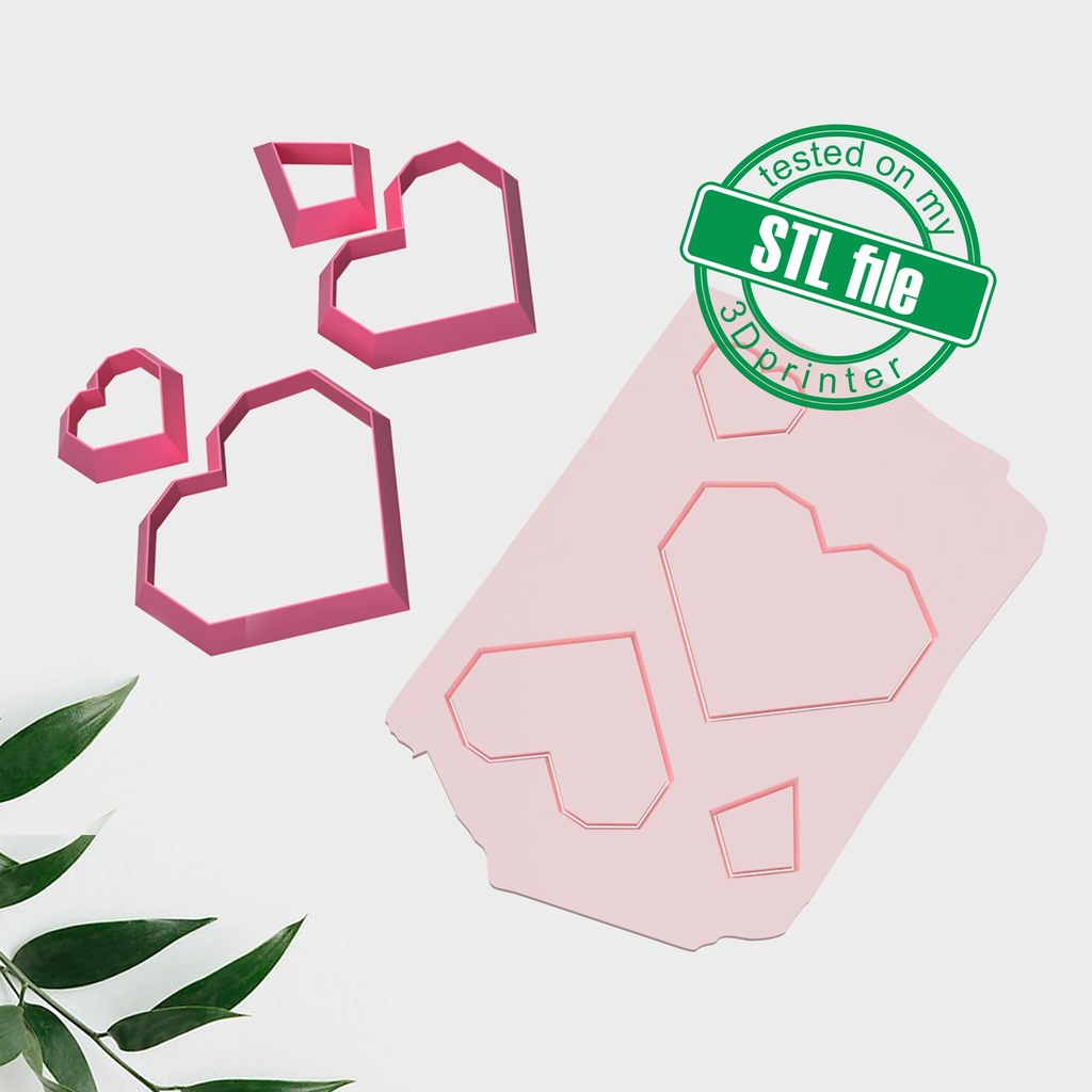 Love Combo #3, Geometric Hearts, Digital STL File For 3D Printing, Polymer Clay Cutter, Earrings Hearts, 4 different designs