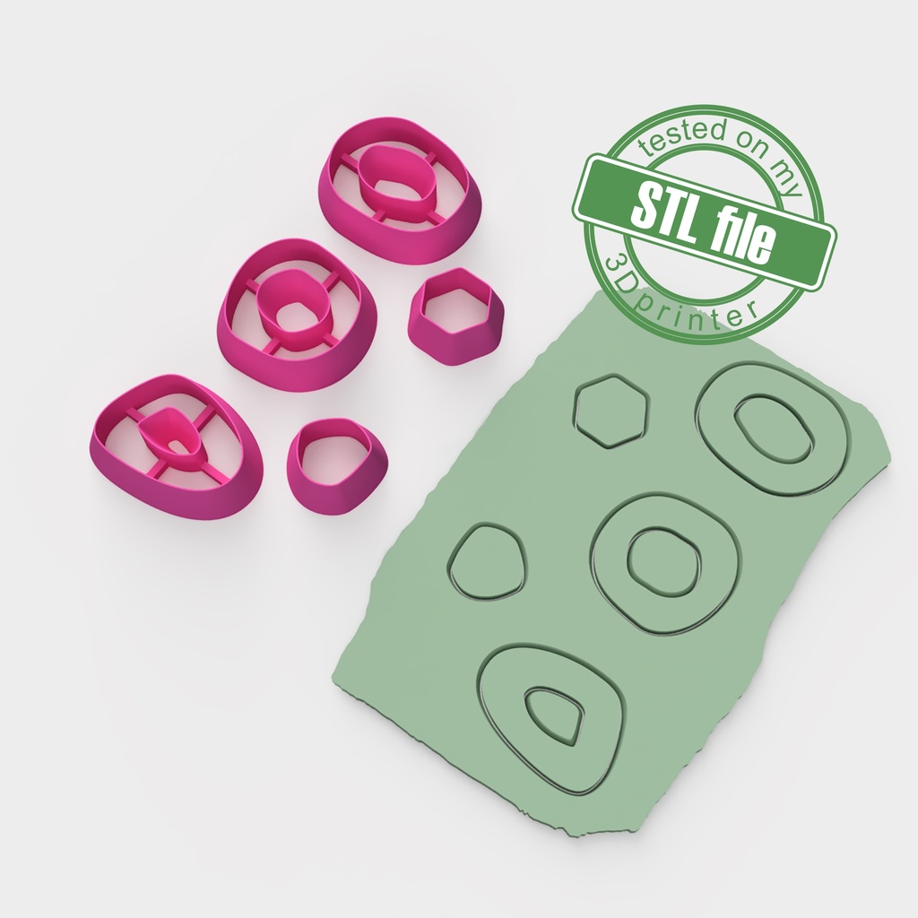 Organic Combo #7, Gemstone, Digital STL File For 3D Printing, Polymer Clay Cutter, Earrings, 5 different designs