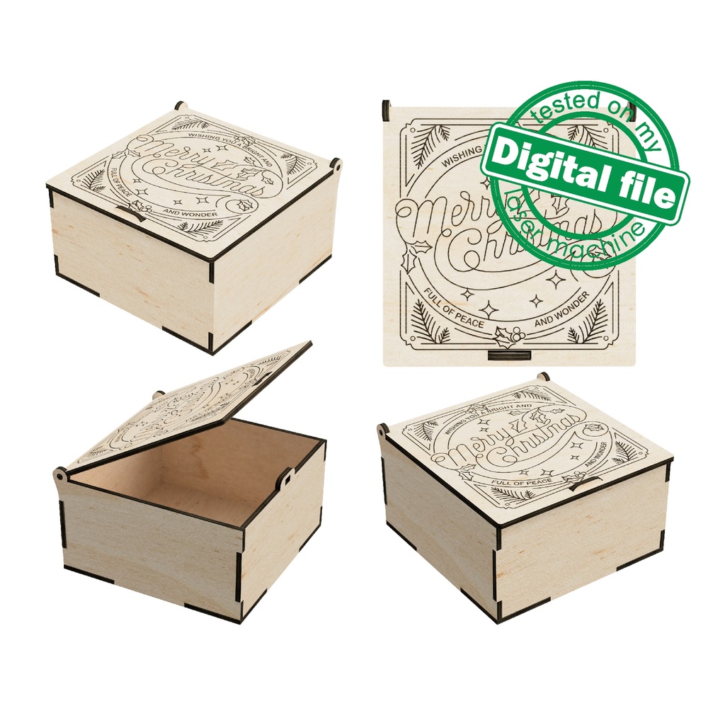 DXF, SVG files for laser Vintage Merry Christmas, Retro Christmas gift box, Engraved calligraphy, Glowforge, Material thickness 3.2 mm