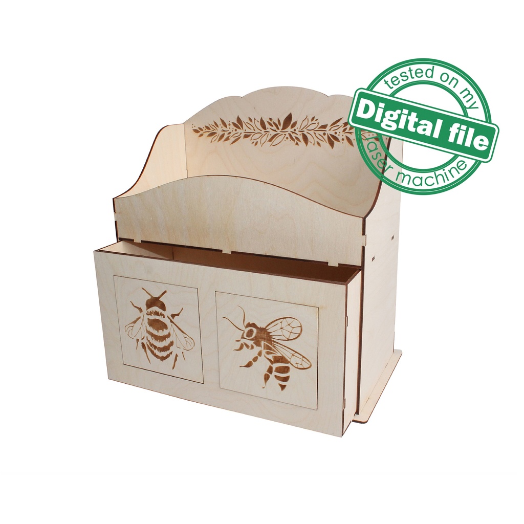 DXF, SVG files for laser Desktop Storage box with drawer King bee, laurel branch, Organiser, Two different material thickness 3.2 / 6.4 mm