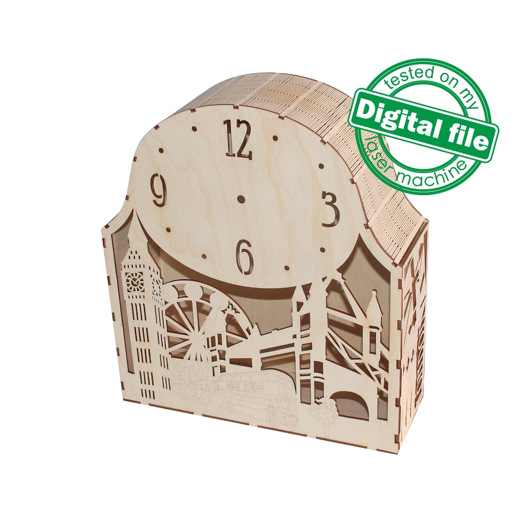 DXF, SVG files for laser Unique Modern Mantel clock London, Night Lamp, flexible plywood, Glowforge ready, Material 1/8'' (3.2 mm)