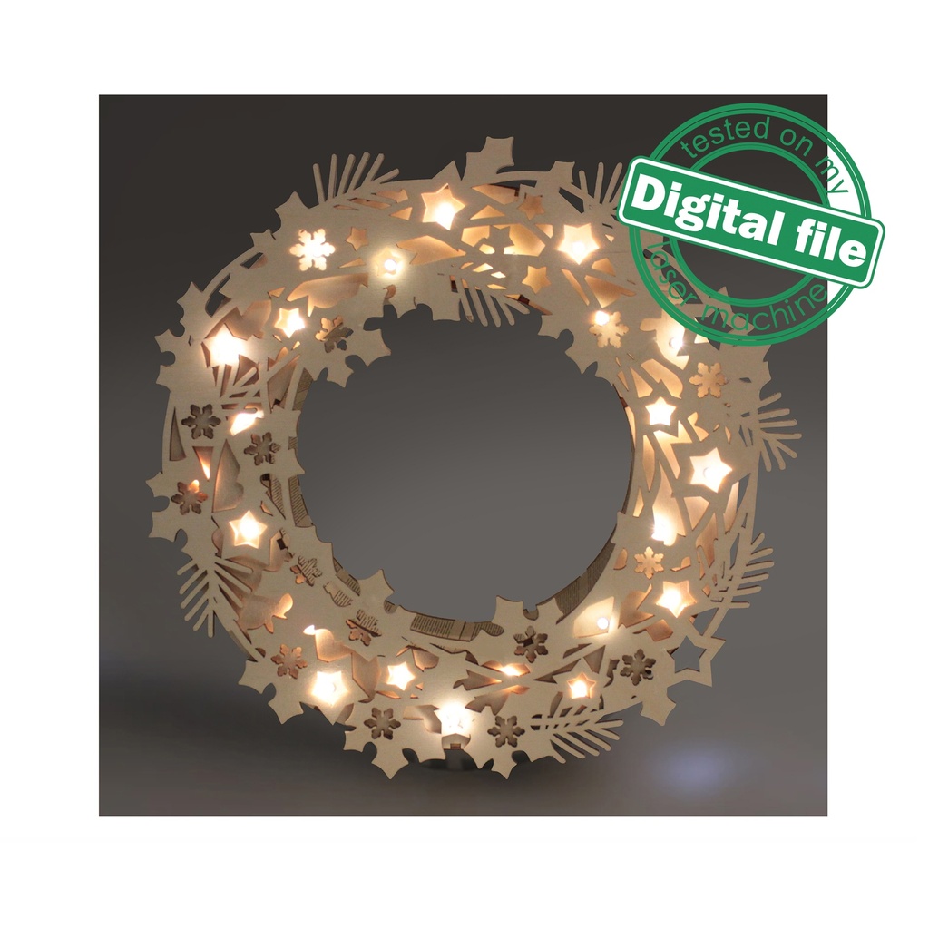 DXF, SVG files for laser Light-Up Christmas wreath, Led strip, Glowforge, Material thickness 1/8 inch (3.2 mm)