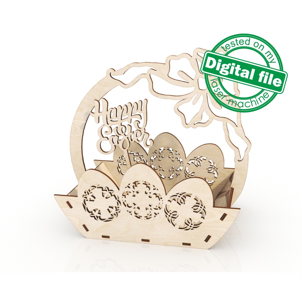 DXF, SVG files for laser Easter basket with carved eggs and bow, Vector project, Glowforge, Material thickness 1/8 inch (3.2 mm)