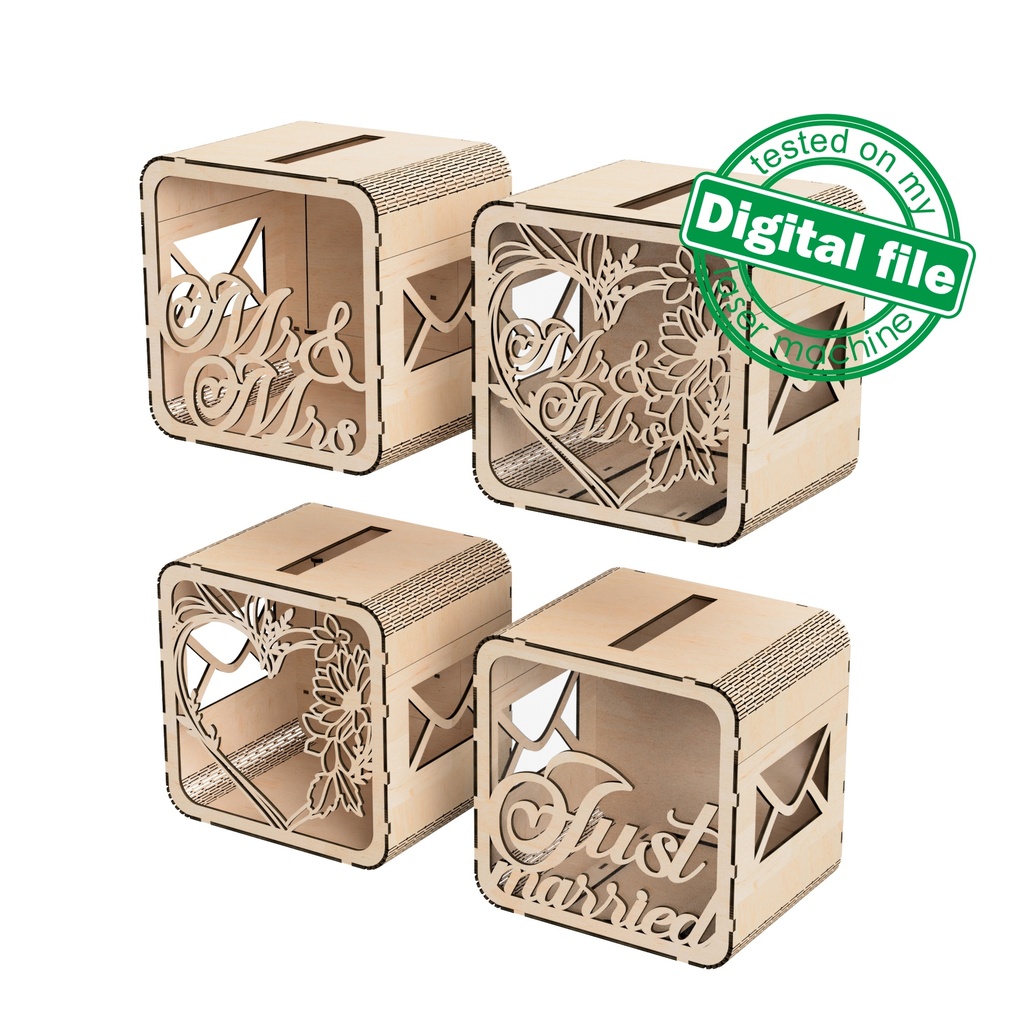 DXF, SVG files for laser Wedding card box, money box, Engagement Card Box, Wedding Decor, Piggy bank, door and lock, Material 1/8'' (3.2 mm)