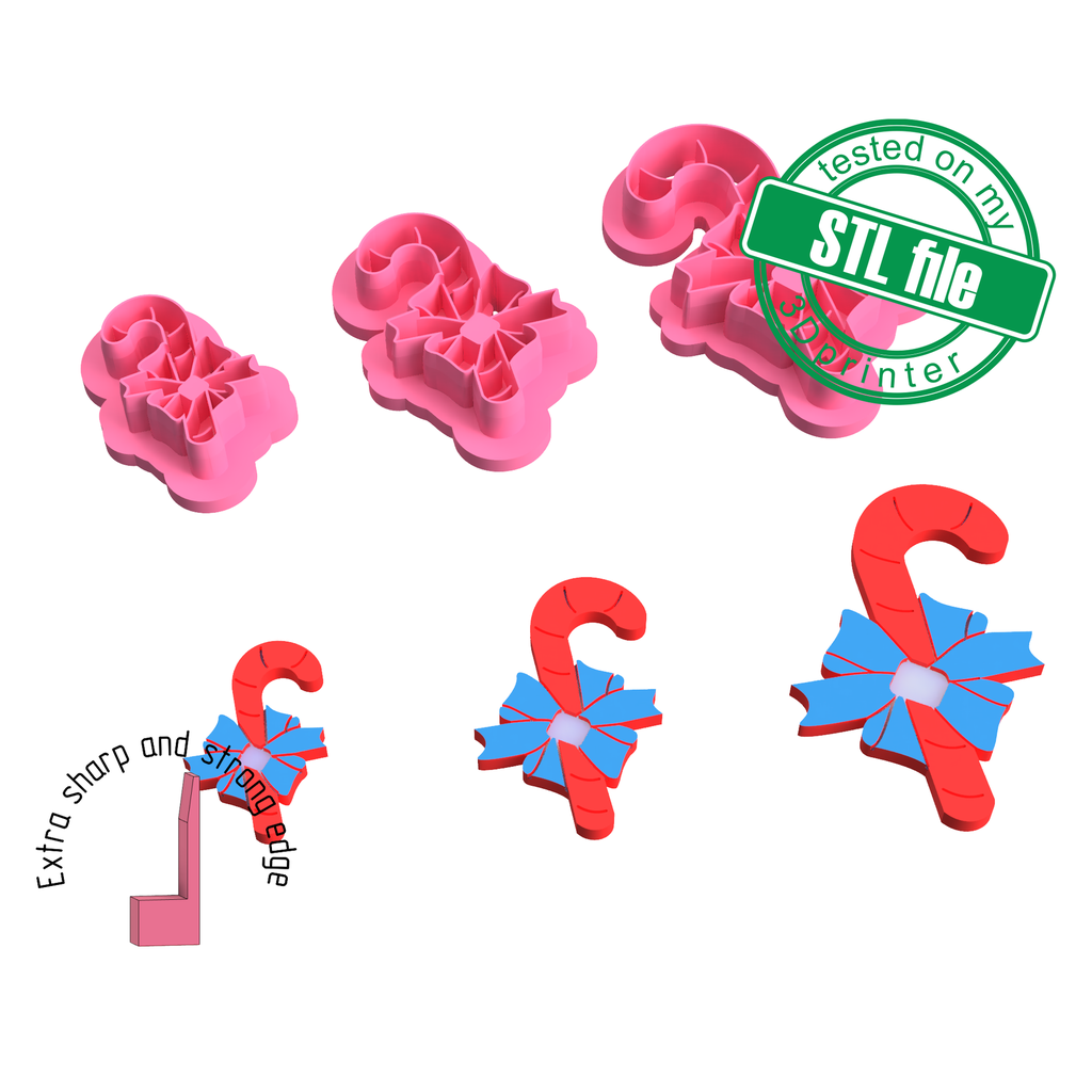 Candy stick with bow, Winter, Christmas, New Year, 3 Sizes, Digital STL File For 3D Printing, Polymer Clay Cutter, Earrings, Cookie
