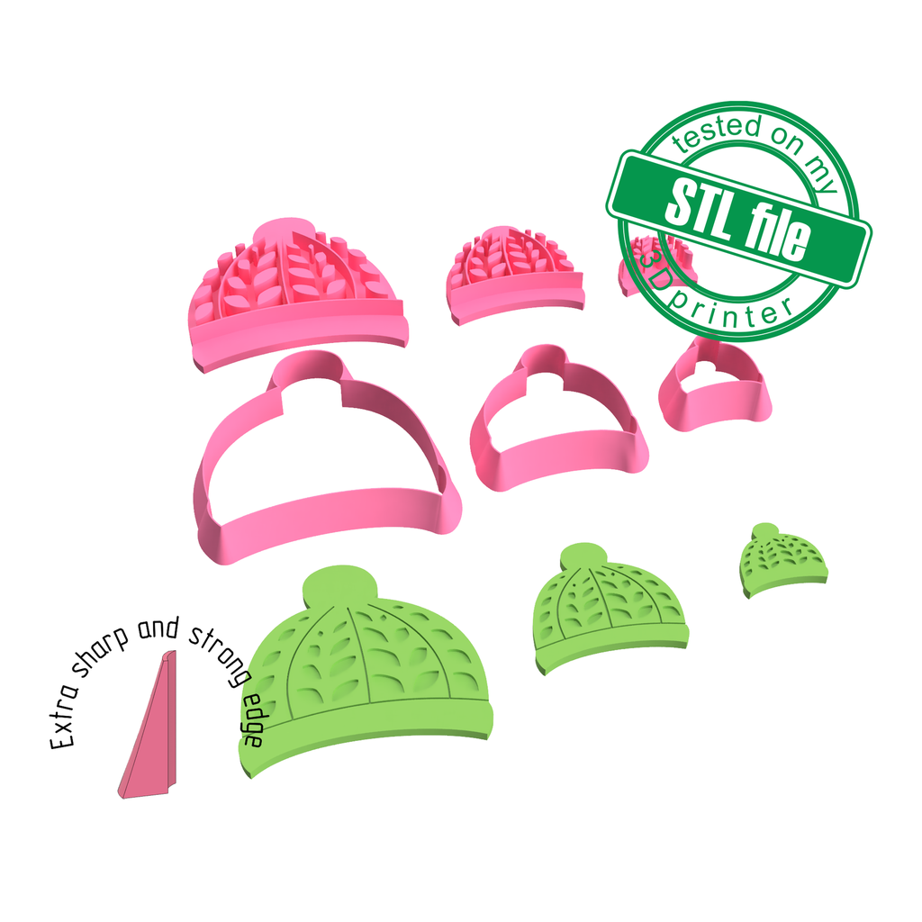 Knitted hat, Beanie, Winter, Christmas, New Year, 3 Sizes, Digital STL File For 3D Printing, Polymer Clay Cutter, Earrings, Cookie