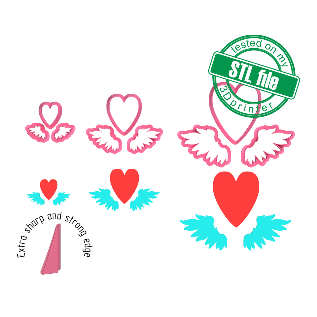 Heart with wings, Love, St valentine's, 3 Sizes, Digital STL File For 3D Printing, Polymer Clay Cutter, Earrings, Cookie, sharp, strong edge