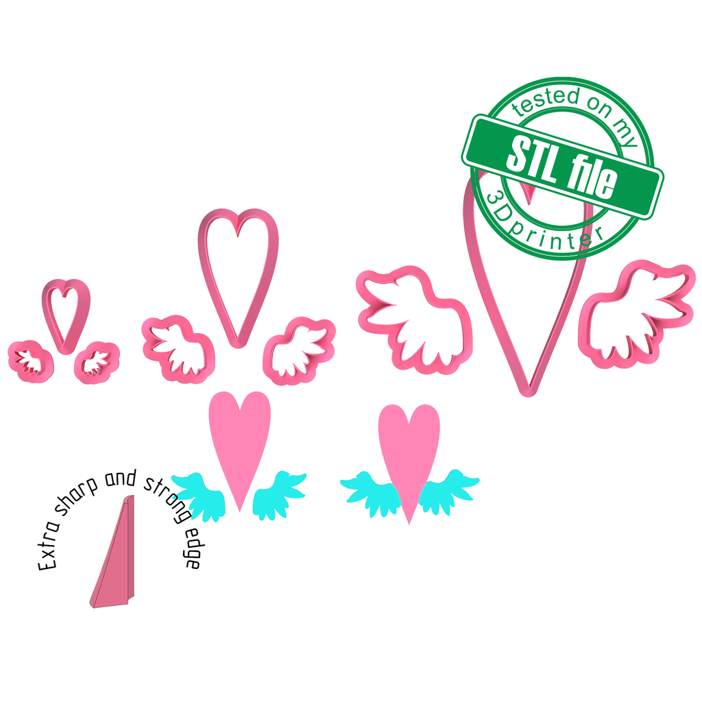 Long heart with wings, Love,St valentine's, 3 Sizes, Digital STL File For 3D Printing,Polymer Clay Cutter, Earrings,Cookie,sharp,strong edge