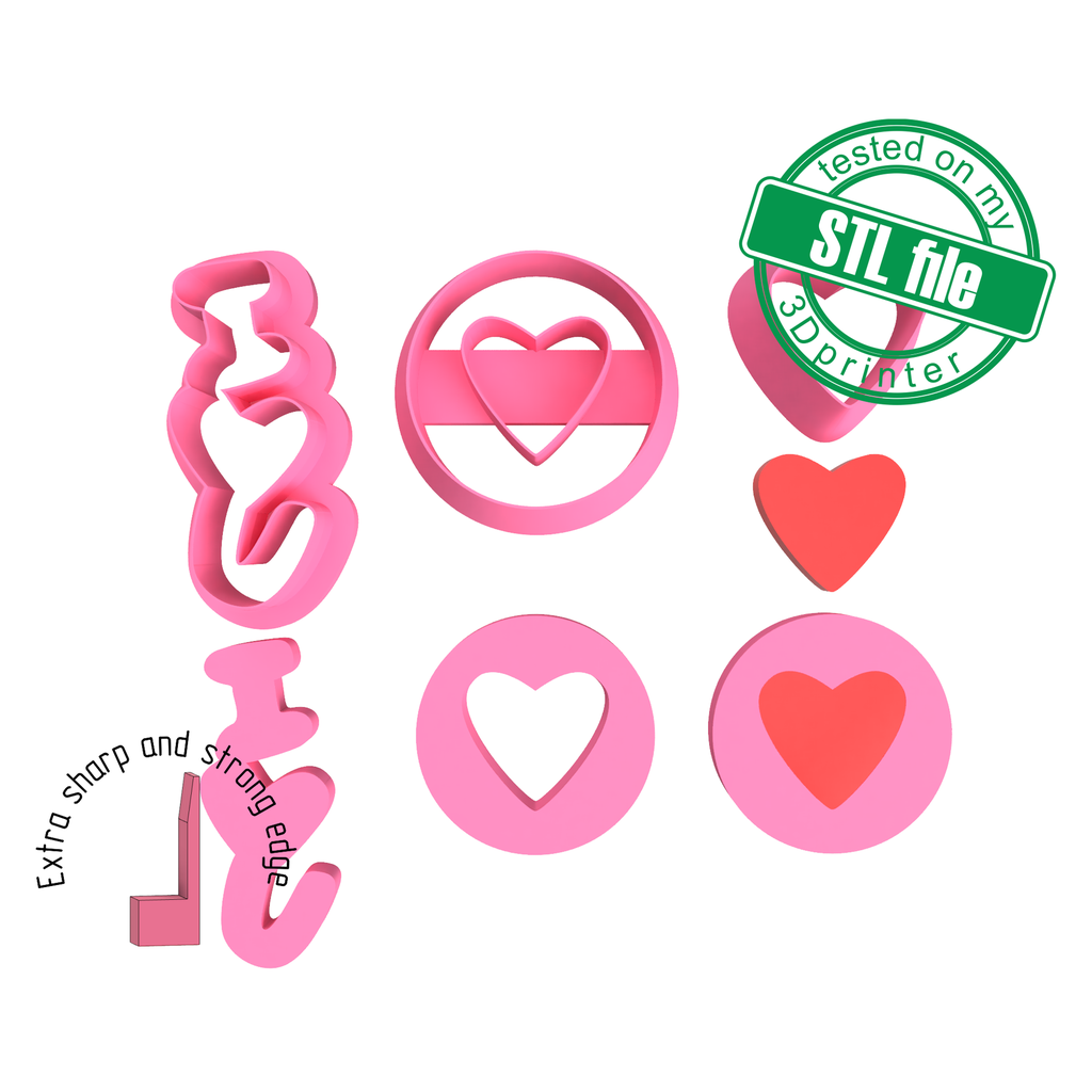 Love Combo # 15, Heart in Circle, I love You, St valentine's, Digital STL File, Polymer Clay Cutter, Earrings, Cookie, sharp, strong edge