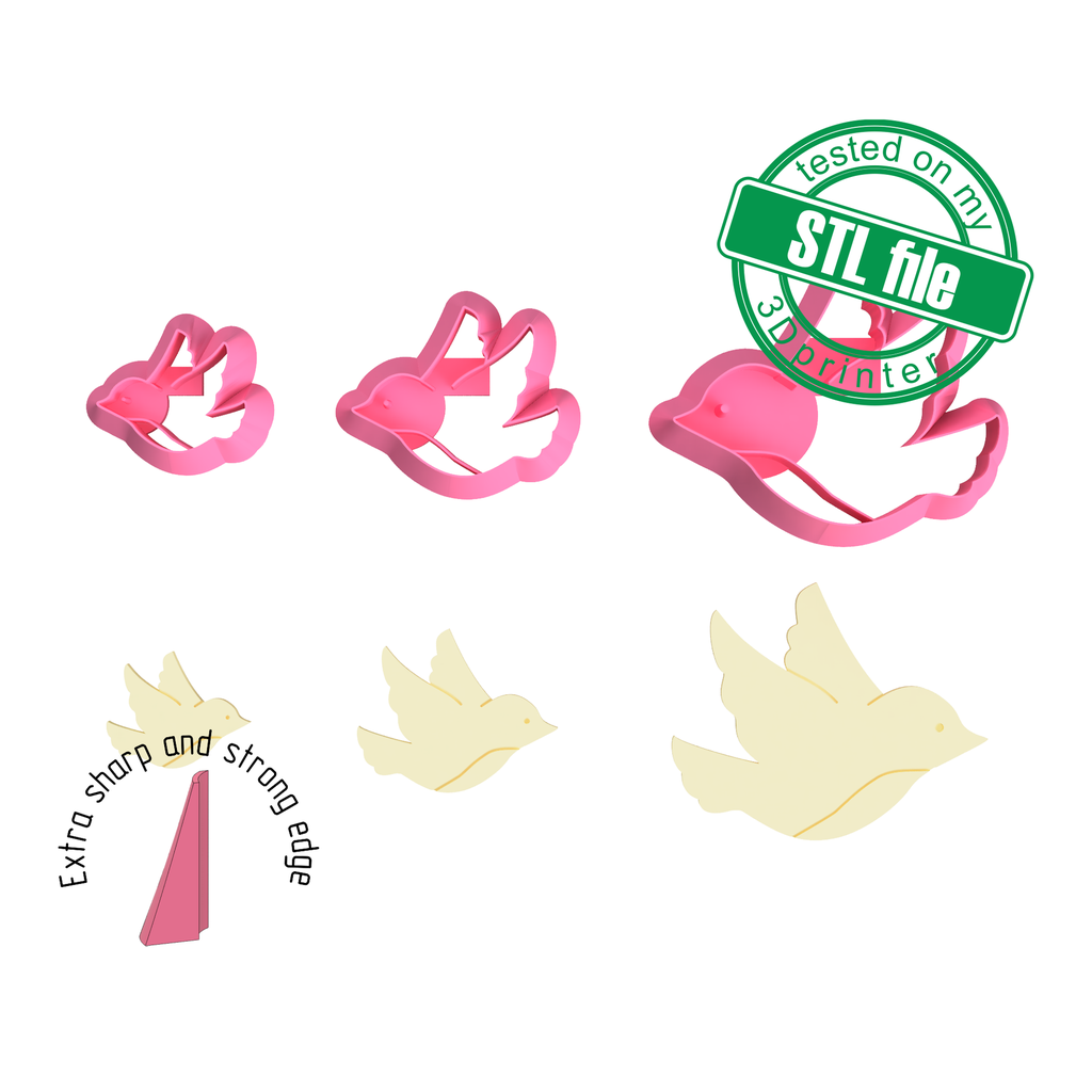 Dove Bird, cute pets collection, 3 Sizes, Digital STL File For 3D Printing, Polymer Clay Cutter, Earrings, Cookie, sharp, strong edge