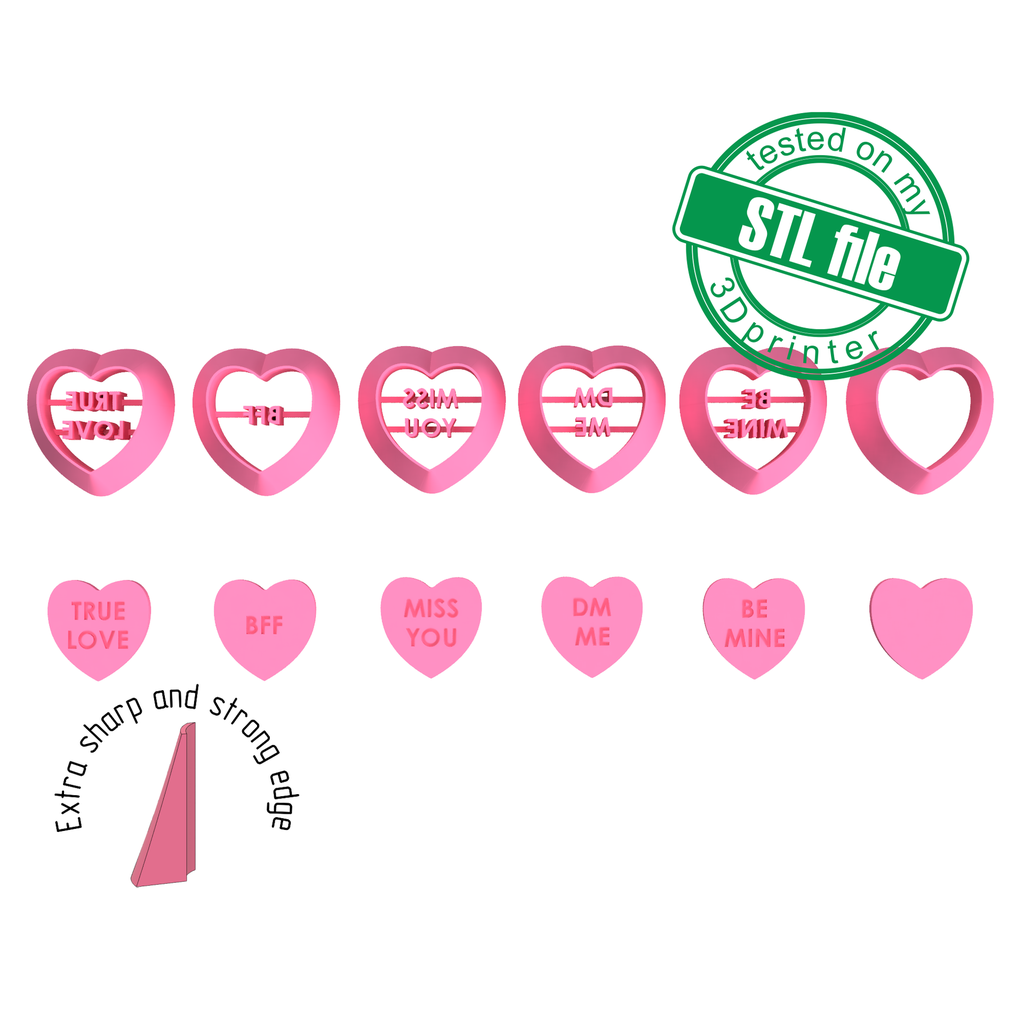 Valentine Heart stamps, Conversation #1, 6 designs, Digital STL File For 3D Printing, Polymer Clay Cutter, Earrings,Cookie,sharp,strong edge