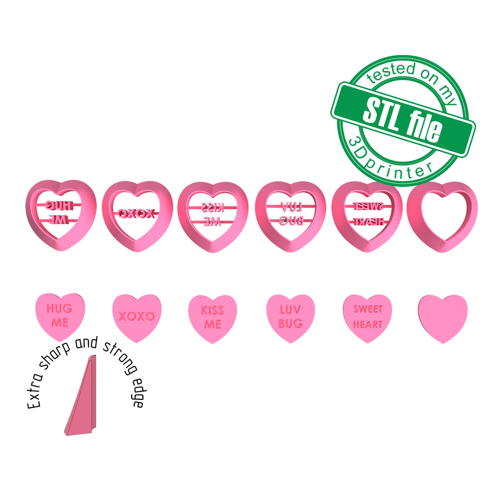 Valentine Heart stamps, Conversation #2, 6 designs, Digital STL File For 3D Printing, Polymer Clay Cutter, Earrings,Cookie,sharp,strong edge