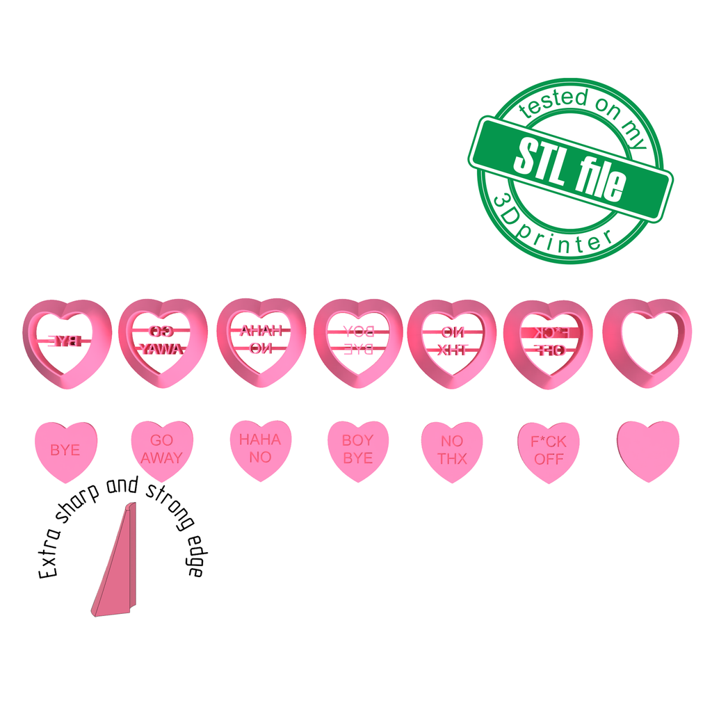 Anti-Valentine Heart stamps, Conversation #4, 7 designs, Digital STL File For 3D Printing, Polymer Clay Cutter, Earrings, sharp, strong edge