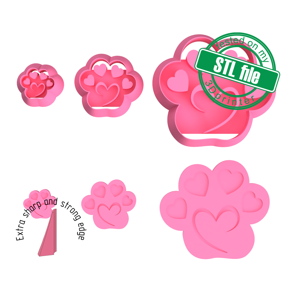 Pet Puppy Paw with Heart, Love, St valentine's, Digital STL File For 3D Printing, Polymer Clay Cutter, Earrings, Cookie, sharp, strong edge