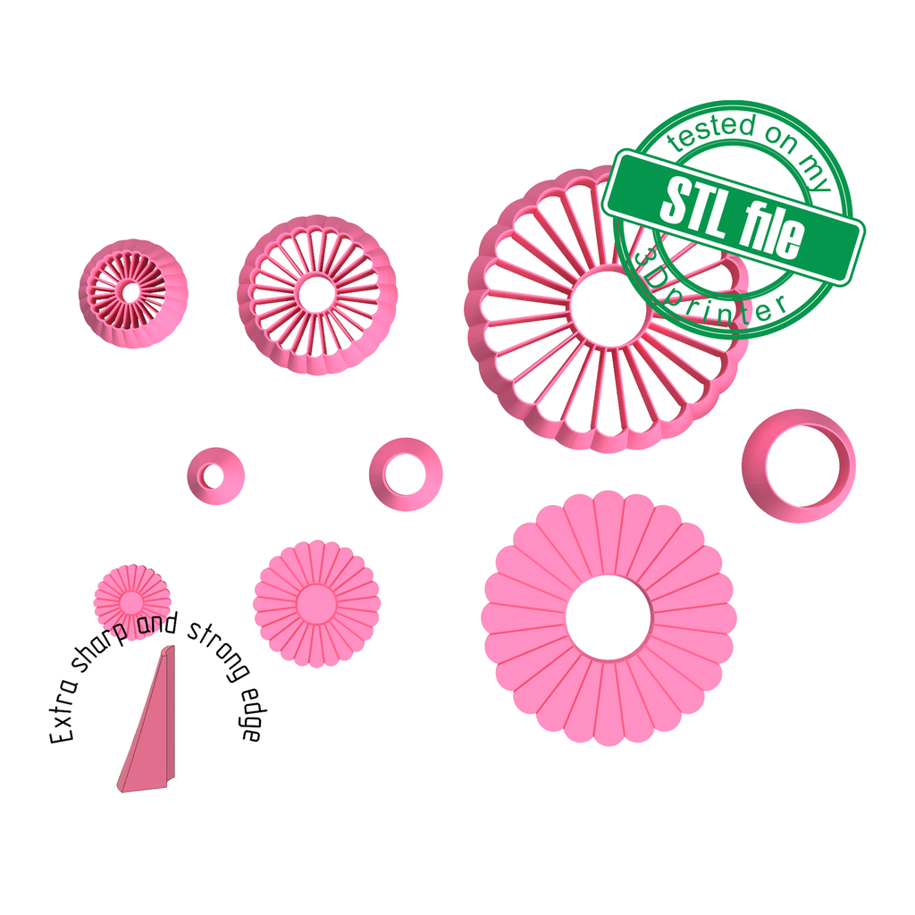 Scallop Flower, Chamomile and circle, Digital STL File For 3D Printing, Polymer Clay Cutter, Studs, Earrings, Cookie, sharp, strong edge