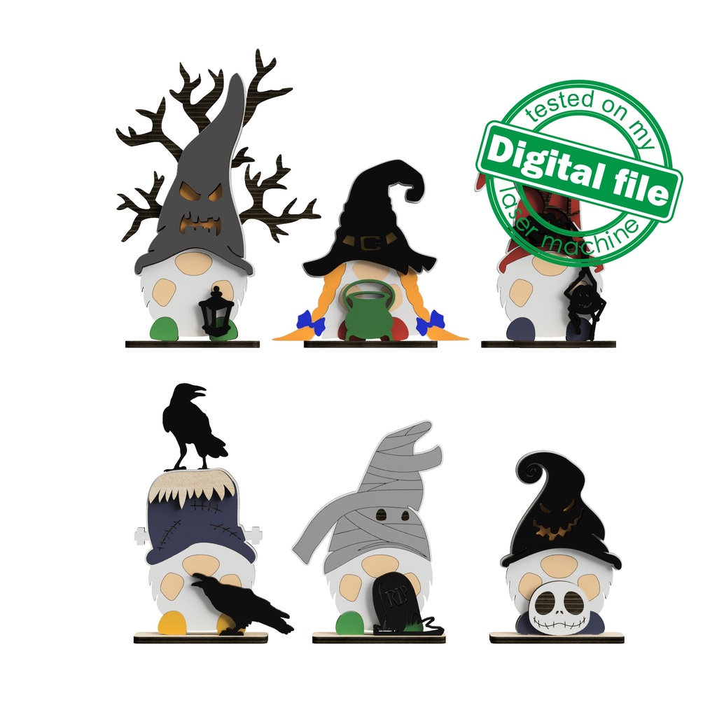 SVG, DXF Laser cut files, 6 Halloween gnomes, DIY Gift, Kids activity, Paint by Line, Individual Arm Add-Ons, Material 1/8 inch (3.2 mm)