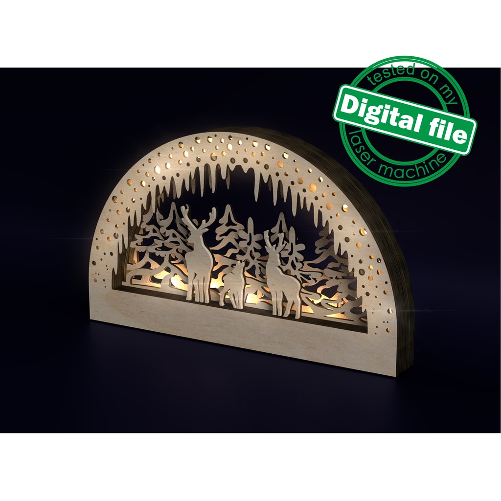 DXF, SVG file for laser Electrically Illuminated Light Arch, Schwibbogen, Centerpiece, Light-up Christmas, Family deer in the forest