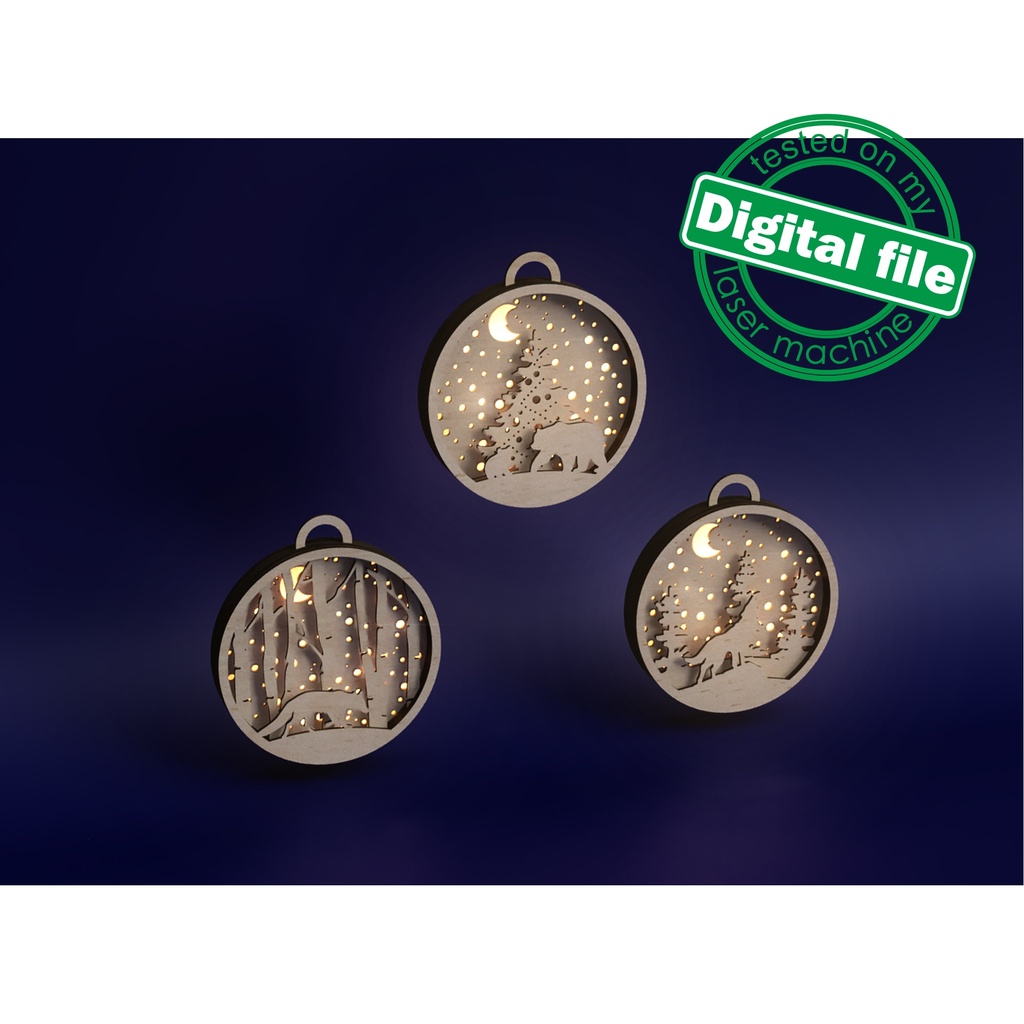 DXF, SVG files for laser Illuminated Christmas Ornament, Layered wooden decoration, Tree, Fox, Bear, Wolf, Moon, Star,personalized engraving