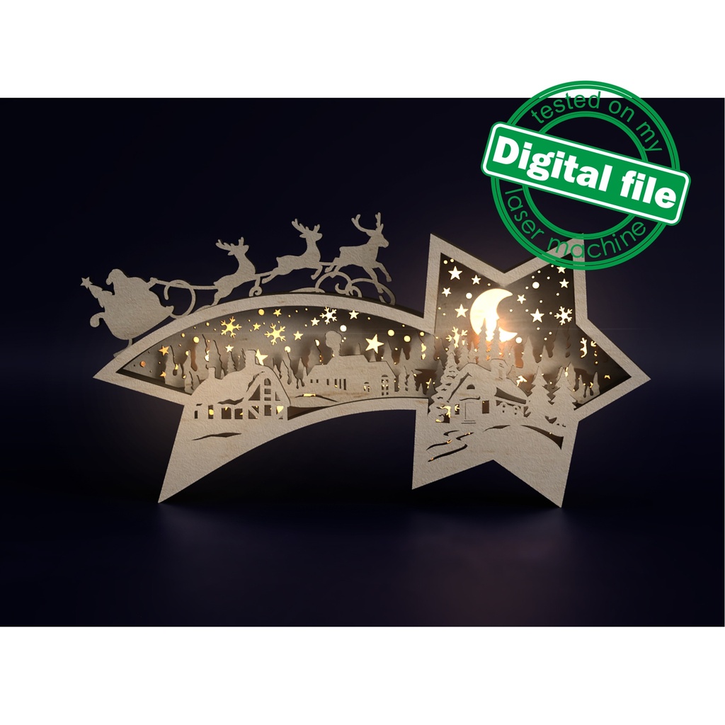 Laser DXF, SVG Files Old Village, Flying Reindeer, Santa, Winter forest, Multilayer Wooden Light Box, Shadow Box Star of Bethlehem,Christmas