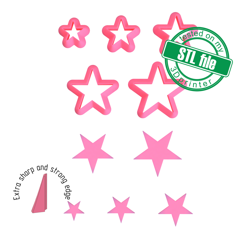 Basic Shapes Stars, 5 Sizes, Digital STL File For 3D Printing, Polymer Clay Cutter, Earrings, Cookie, sharp, strong edge