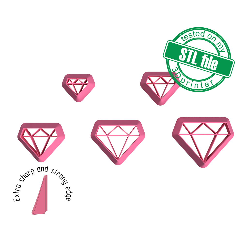 Diamond, 5 Sizes, Digital STL File For 3D Printing, Polymer Clay Cutter, Earrings, Cookie