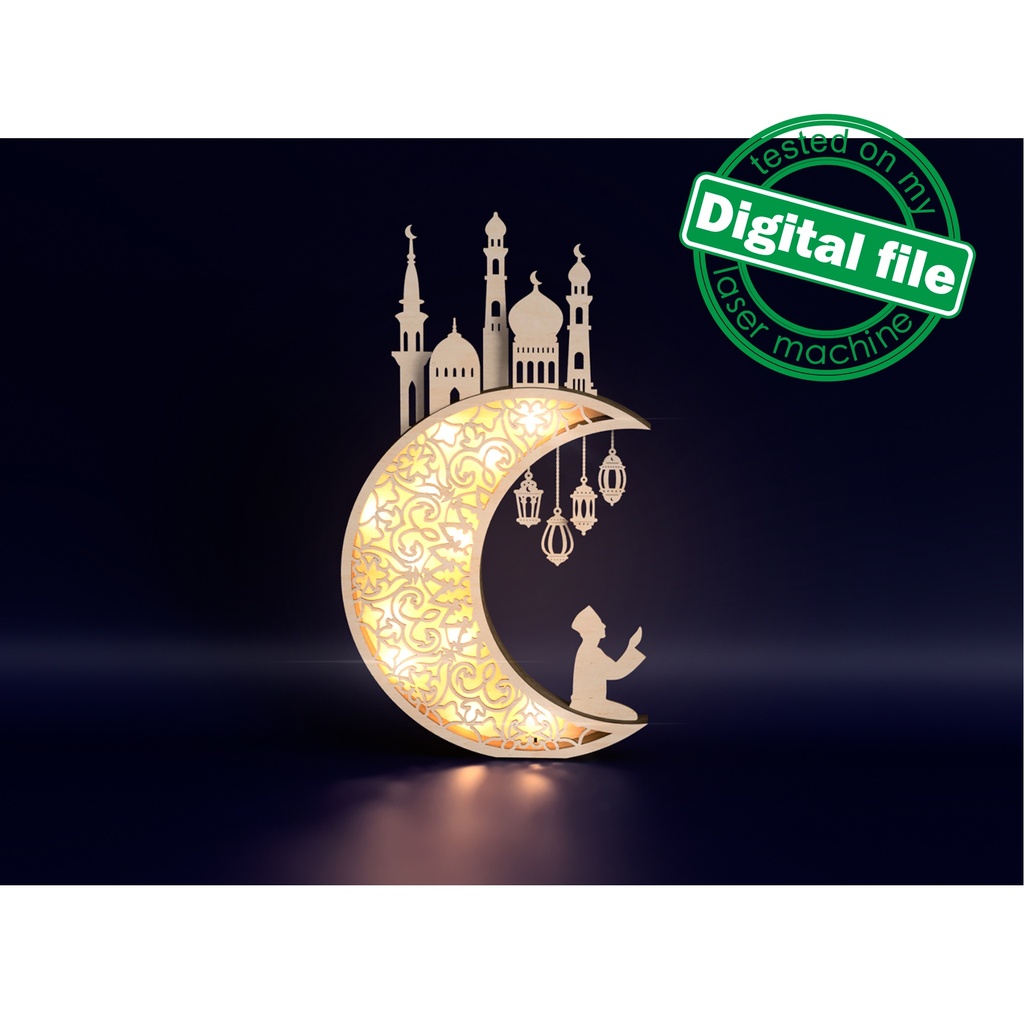 DXF, SVG files for laser Light-Up Crescent moon, Islamic Lightbox, Ramadan Shadow Box, Eid Mubarak, Multi Layered Ornament, Muslim, mosque