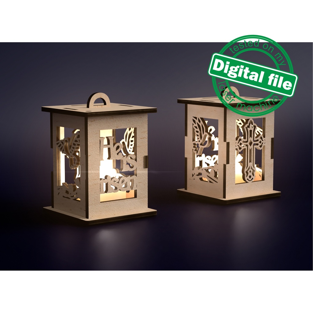 DXF, SVG files for laser Tiny tea light candle lantern, Cross, He is risen,Easter,spring decor,2 designs,door opens,Material 1/8'' (3.2 mm)