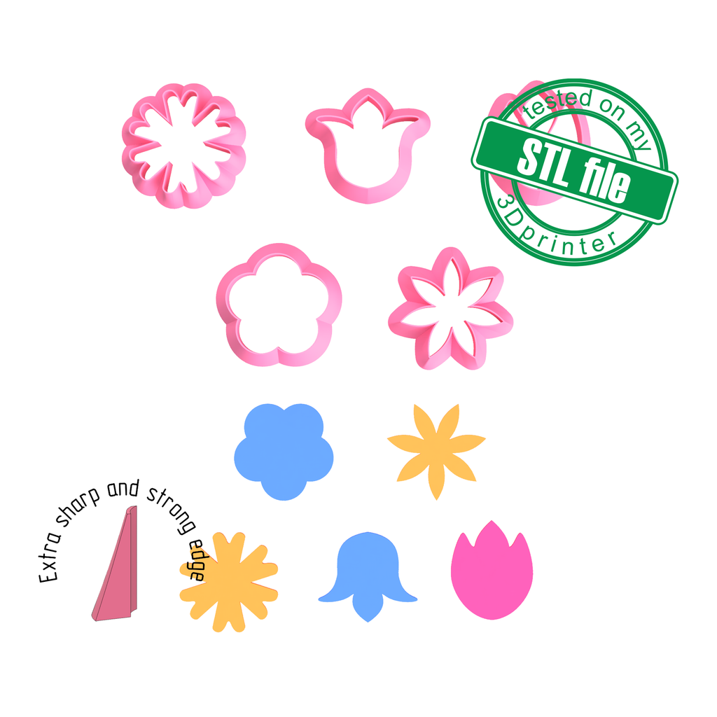 Set of big flowers, Digital STL File For 3D Printing, Polymer Clay Cutter, Earrings, Cookie, sharp, strong edge