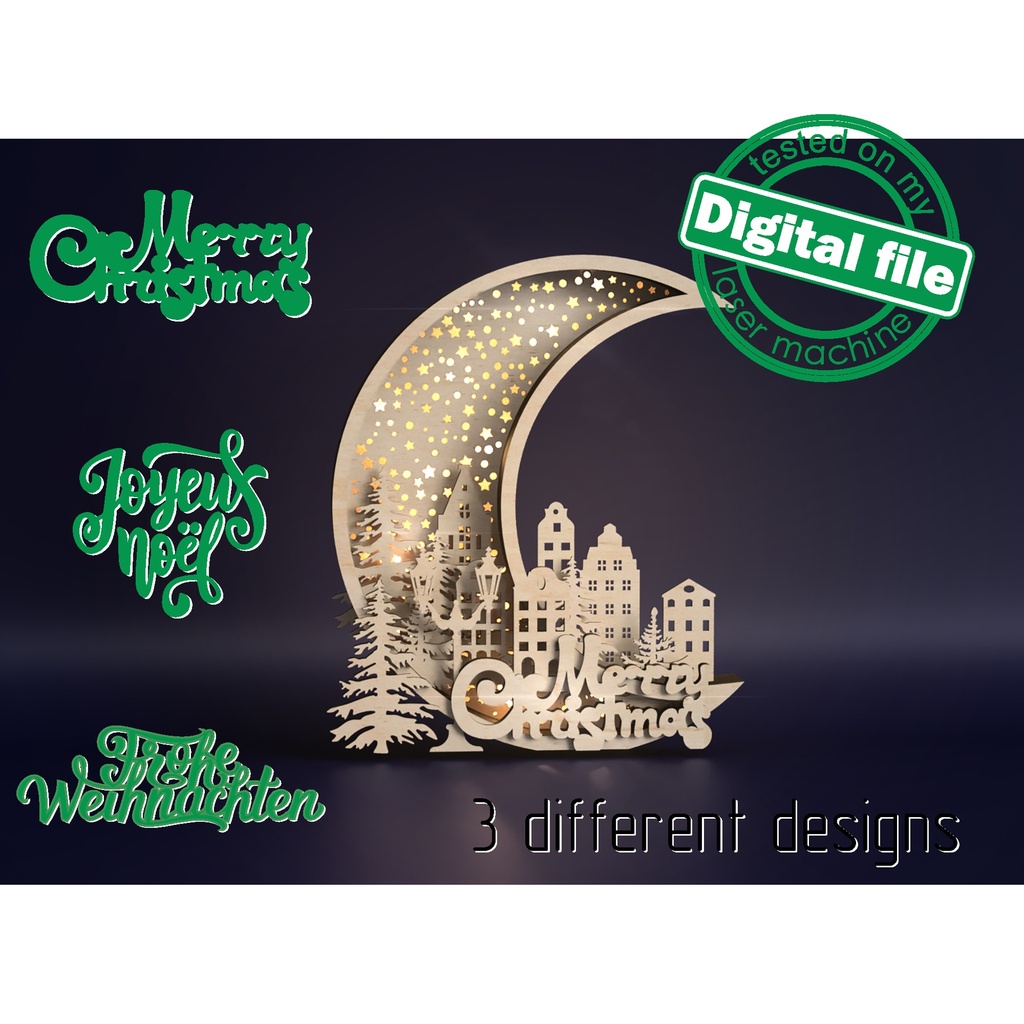 DXF, SVG files for laser Light-Up Christmas Ornament, winter forest, scandinavian houses,merry christmas, street lamp, Tree, Crescent Moon