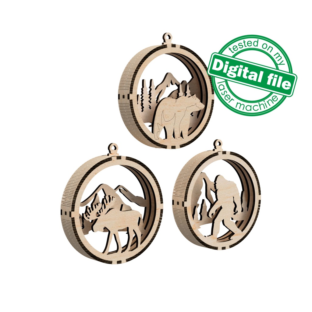 DXF, SVG files for laser 3D Christmas Tree Ornament, Mountains, Winter forest, Yeti, Elk, Polar Bear, Moose, Bigfoot, Sasquatch, template