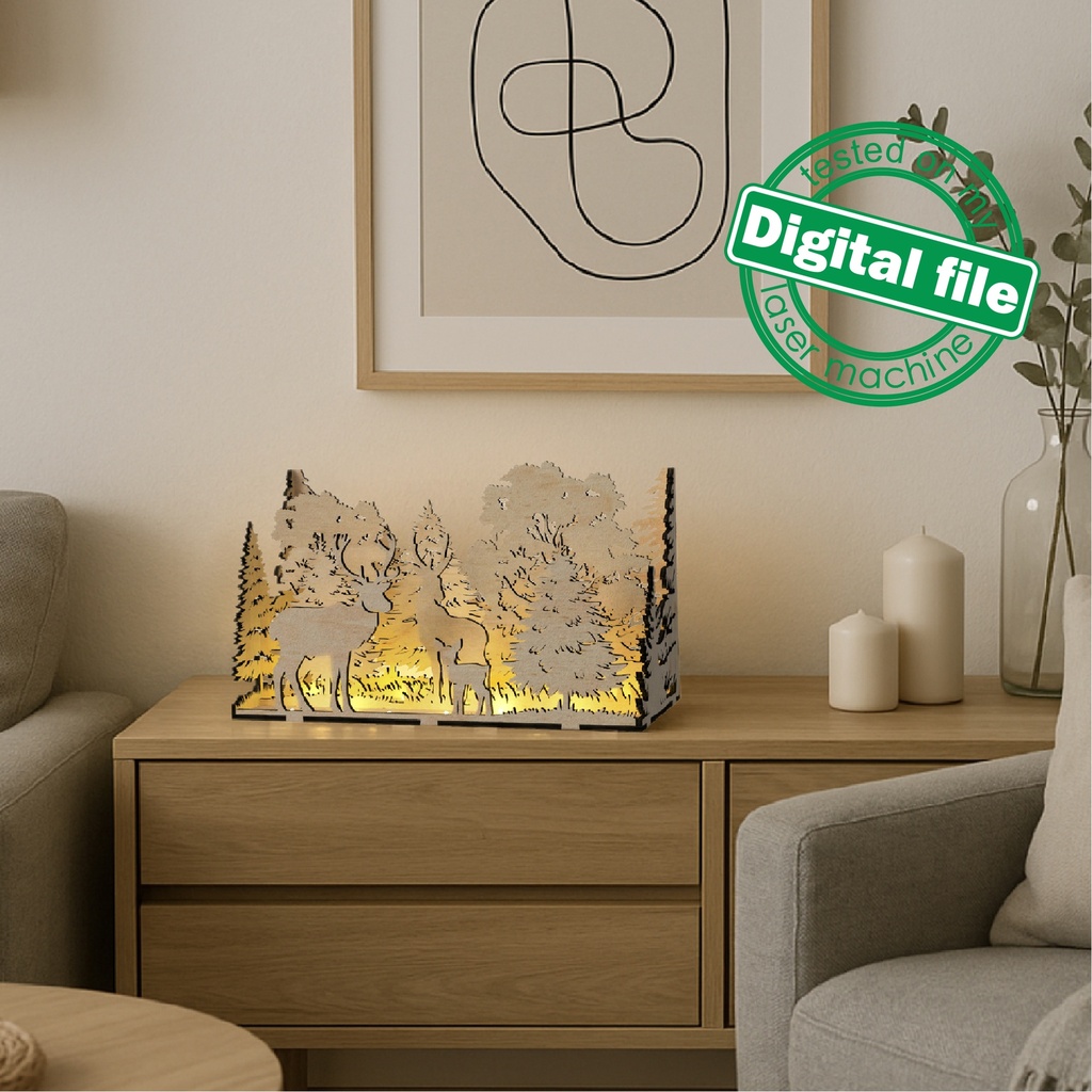 DXF, SVG files for laser Family deer in the forest, Layered wooden light box, Shadow box, Diorama, Decorative night lamp, Nursery decor