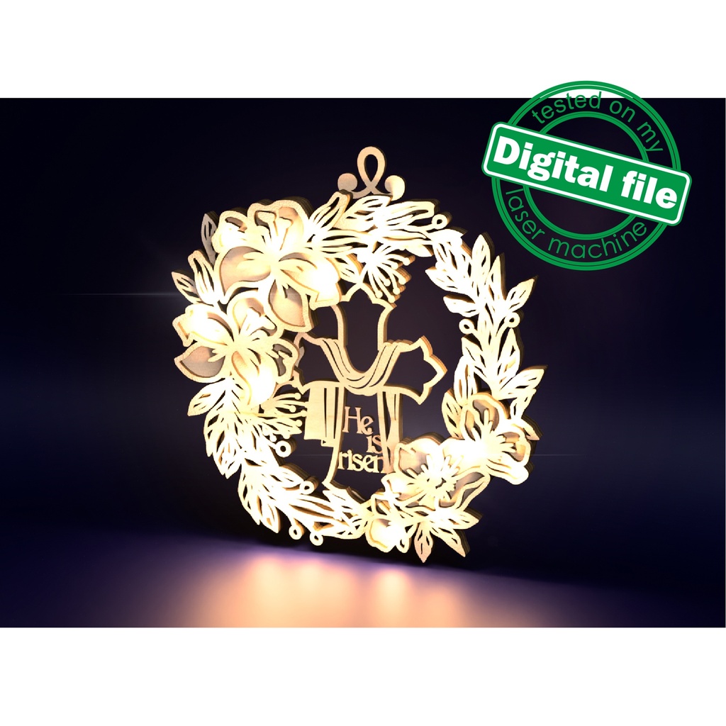 DXF, SVG files for laser Layered Wreath, Religious Easter, Spring Decor, Cross, Lilies, Rosehip Flowers, Door sign,material of any thickness