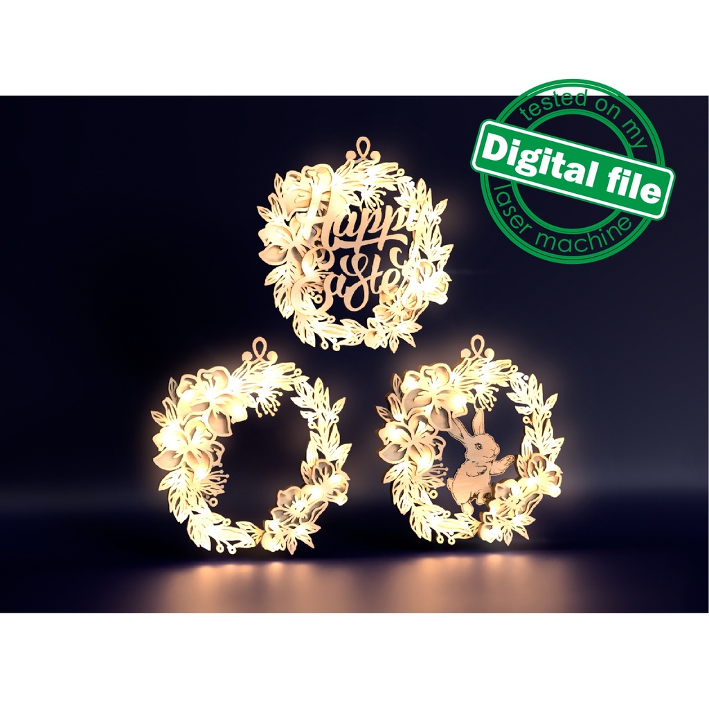 DXF, SVG files for laser Flower Wreath, 3 Options, Rabbit, Happy Easter, Lilies, Rose Hips, Flowers, spring decor, Layered Ornament pattern