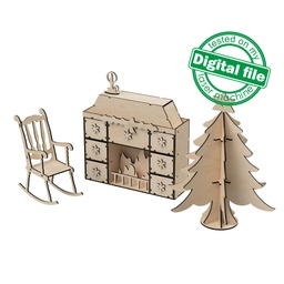 [0177800] DXF, SVG files for laser Christmas miniature, fireplace with drawers, 7-day Advent calendar, 3D tree with star decoration, rocking chair.