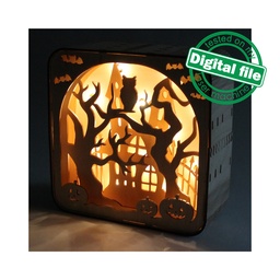 [00184308] DXF, SVG files for laser Light box Halloween, Old castle, Pumpkins, Scary trees, Owl, Shadow box, Glowforge, Material 1/8 inch (3.2 mm)