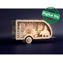 [00186088] DXF, SVG files for laser Light Box Travel Trailer, Deer, Bear, Forest, Mountain silhouette, Glowforge, Material thickness 1/8 inch (3.2 mm)