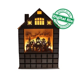 [00185065] DXF, SVG files for laser 24 or 31 days of Christmas Advent calendar, Winter forest, Santa Claus in a sleigh on flying reindeer, Glowforge