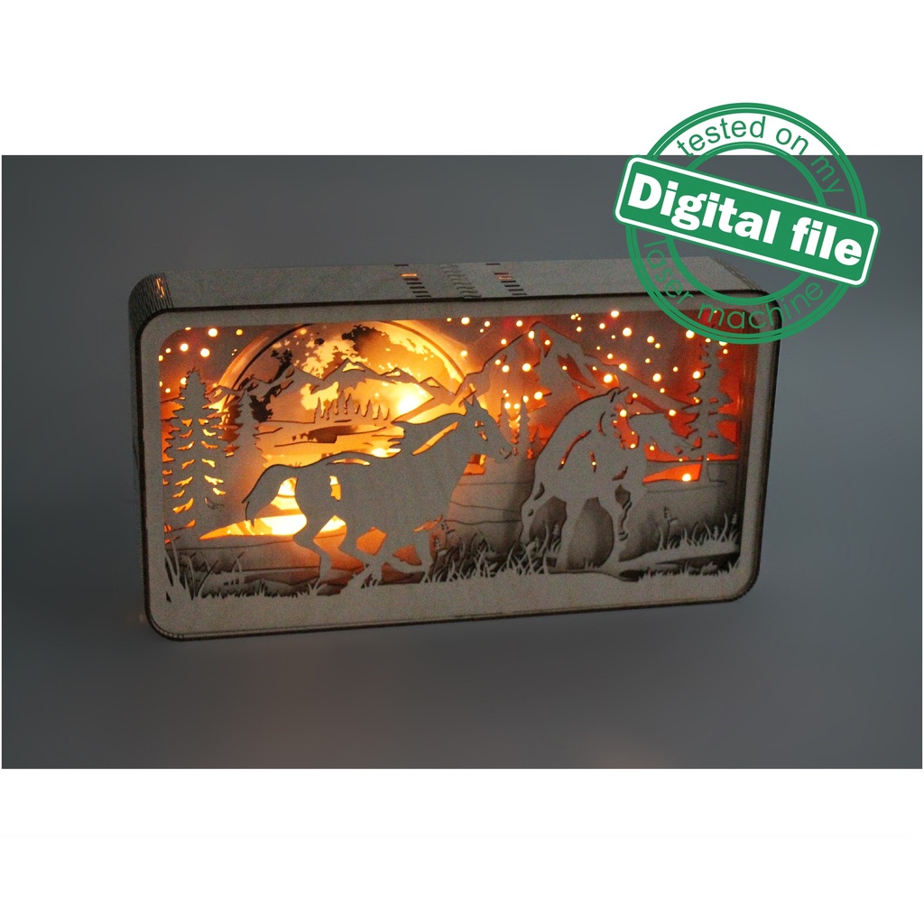 DXF, SVG files for Light Box Mountain landscape, wild horses, forest ...