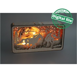 [00187452] DXF, SVG files for Light Box Mountain landscape, wild horses, forest, Engraved Moon, Glowing moon, flexible plywood, Glowforge ready file