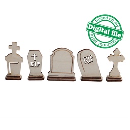 [00186672] DXF, SVG files for laser Halloween Gravestones, 5 Different Design, Vector project, Glowforge, Material thickness 1/8 inch (3.2 mm)