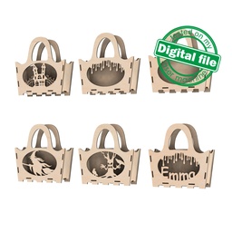 [0184153] Halloween Treat Box SVG Bundle, 4 Laser Cut Gift Bag Designs, Haunted House, Witch, Slime, Tree & Crows, Editable Name, trick or treat
