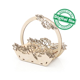 [00187490] DXF, SVG files for laser Wedding gift basket with peonies, crate box caddy for wine, champagne, flowers, snacks, mr&mrs, Glowforge ready