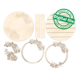 [00187343] SVG, DXF, PDF Laser cut files, Interchangeable  Floral Round Custom Name Wood Sign, Nursery Decor, Glowforge, door hangers template