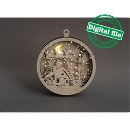 [00187022] DXF, SVG files for laser Light-Up Christmas Ornament, Winter village, Flying reindeer, Santa claus, Tree, Glowforge, Layered pattern