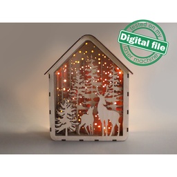 [00186089] DXF, SVG files for laser Light box Deers in the forest, Shadow box, Light-up Christmas, Glowforge, Material thickness 1/8 inch (3.2 mm)